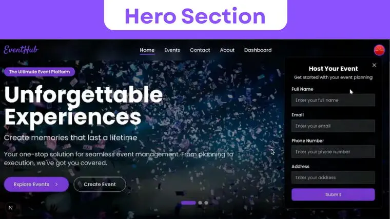 Event management system landing page with categories and featured events