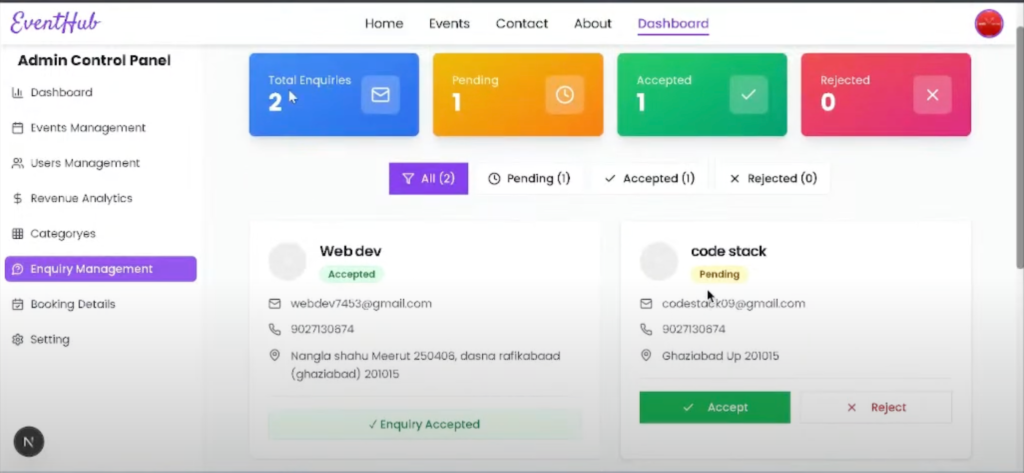 Organizer inquiry form and admin inquiry management